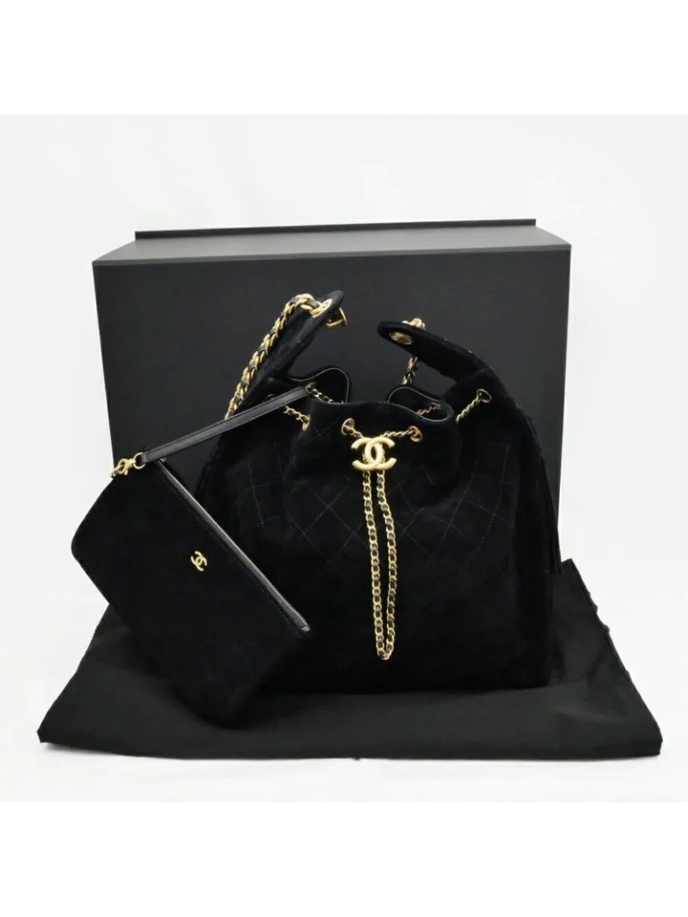 Chanel 25 Medium Handbag As5311 Black Gold Hardware Suede Drawstring Bag